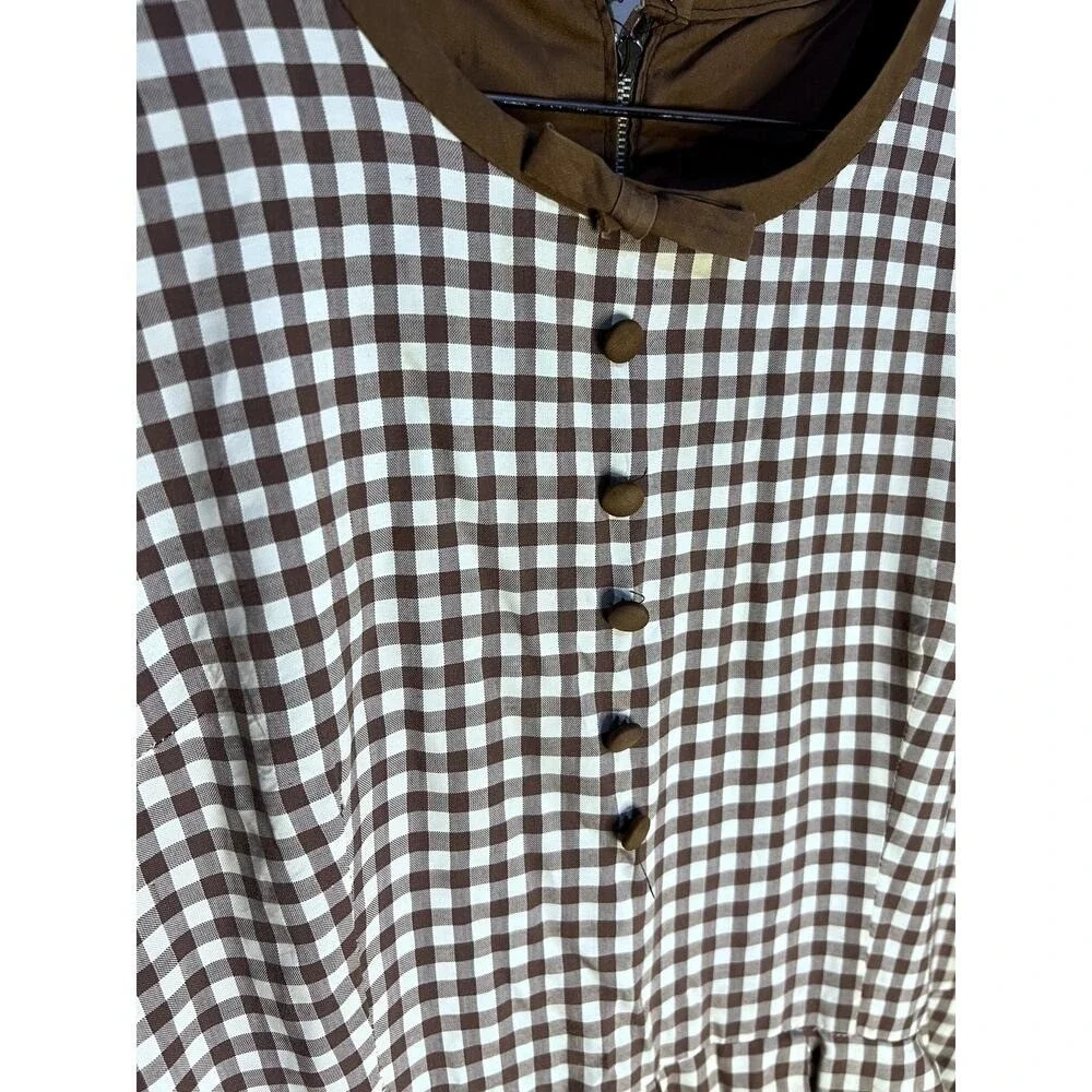 Vintage 60s 70s Brown Gingham Scoopneck Ruffle Button Midi‎ Dress